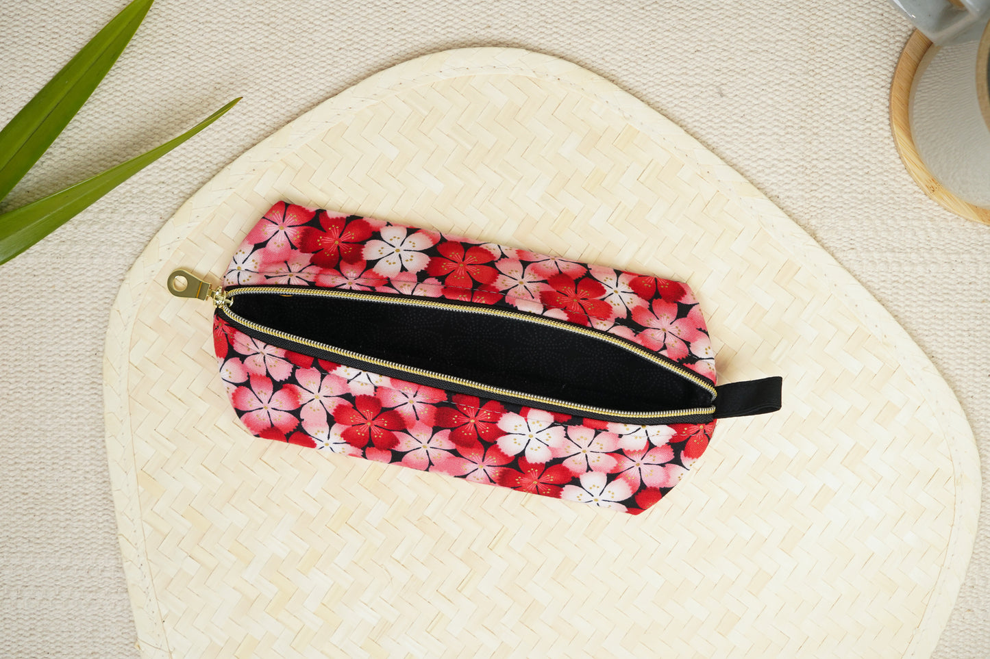 Zippy Pouch - Pink and Black Blossoms