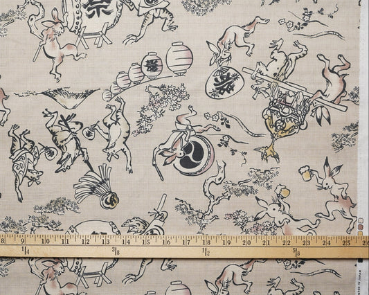 Rabbits & Frogs on Cream - Dobby Fabric - Hokkoh