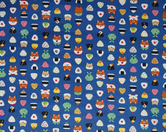 Shiba With Onigiri - Blue - Cotton Fabric - Cosmo