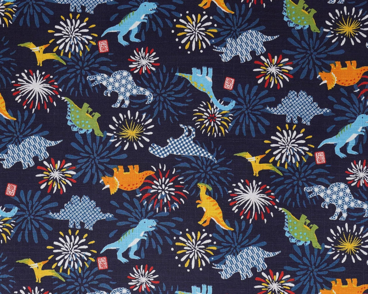 Dinos and Fireworks on Navy - Dobby Fabric - Kokka - Yardage