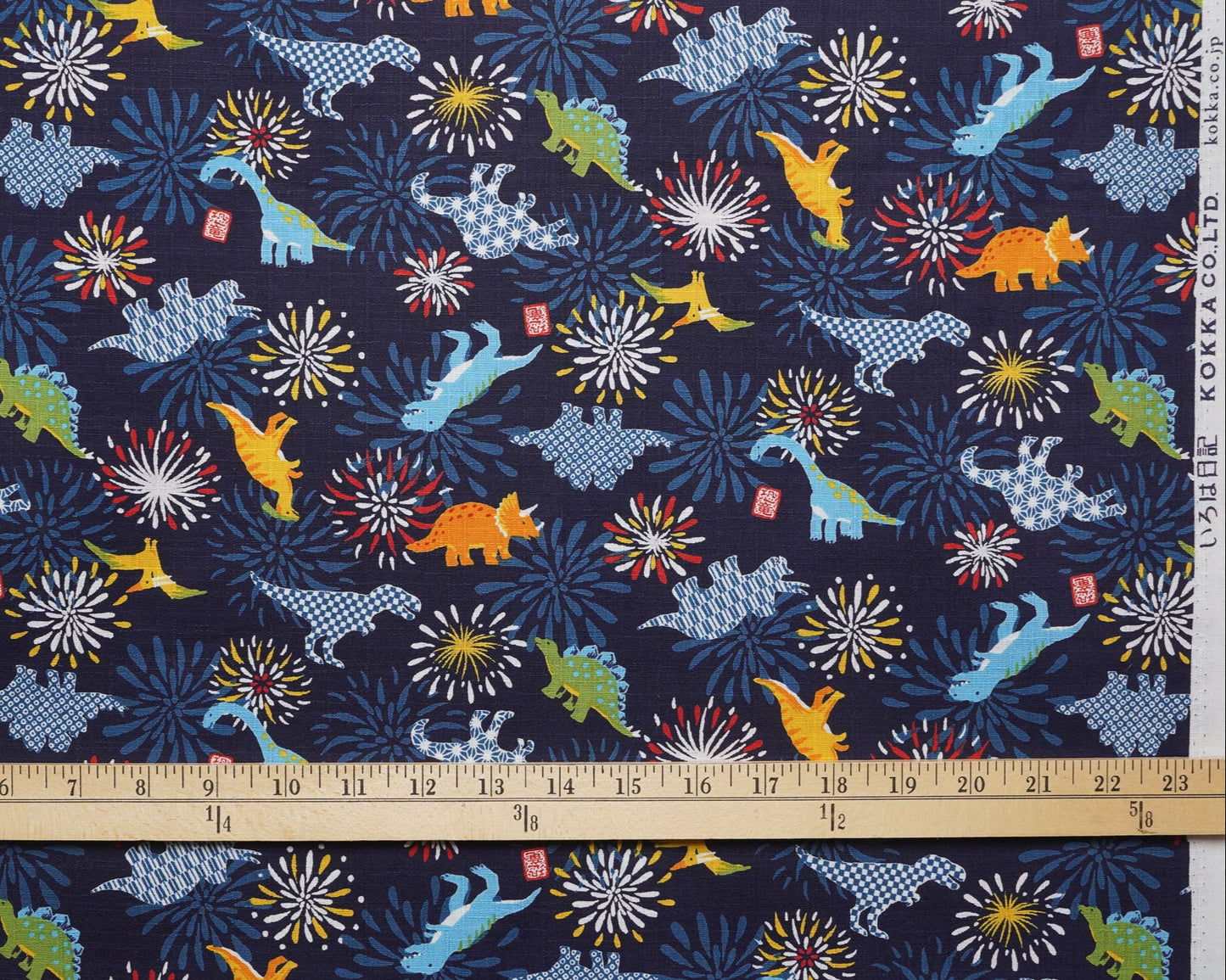 Dinos and Fireworks on Navy - Dobby Fabric - Kokka - Yardage