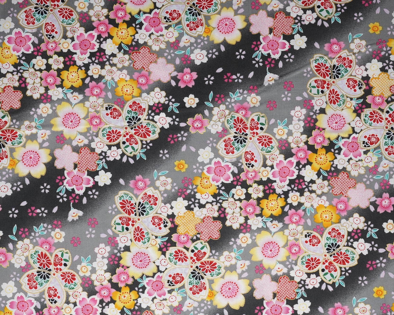 Black and grey cotton fabric with a sakura kimono print