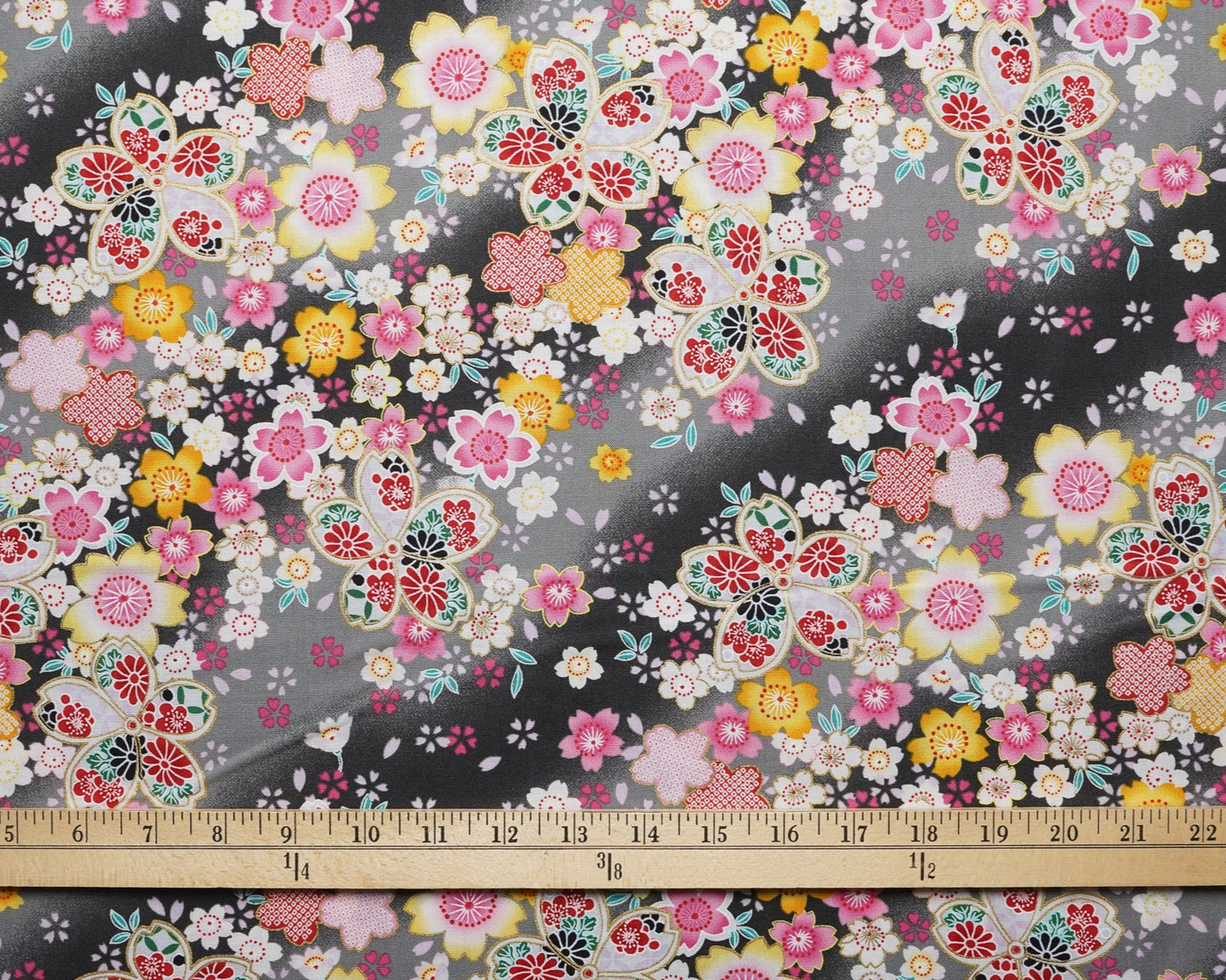 Sakura Kimono Print on Black - Cotton Fabric - Asano