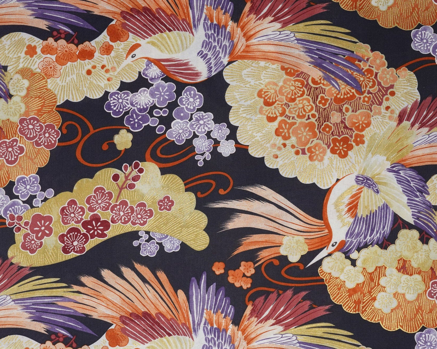 Phoenix Print Orange Purple - Cotton Fabric - Naka