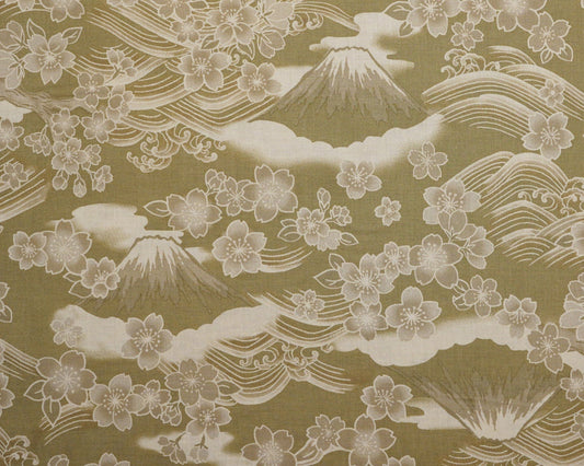 Hyakka Ryoran Gosaiyuboku Mt. Fuji Khaki - Cotton Fabric- Quilt Gate