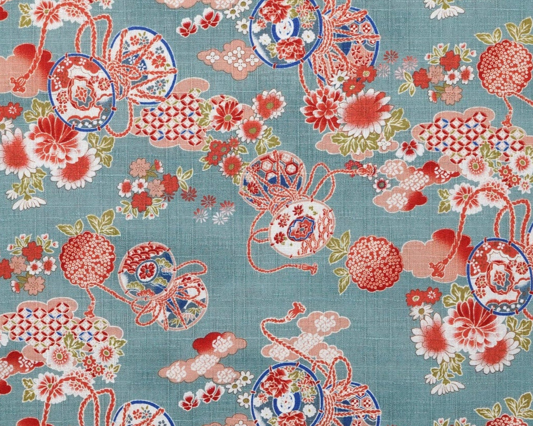 Taiko Drum Flowers on Blue - Dobby Fabric - Hishiei