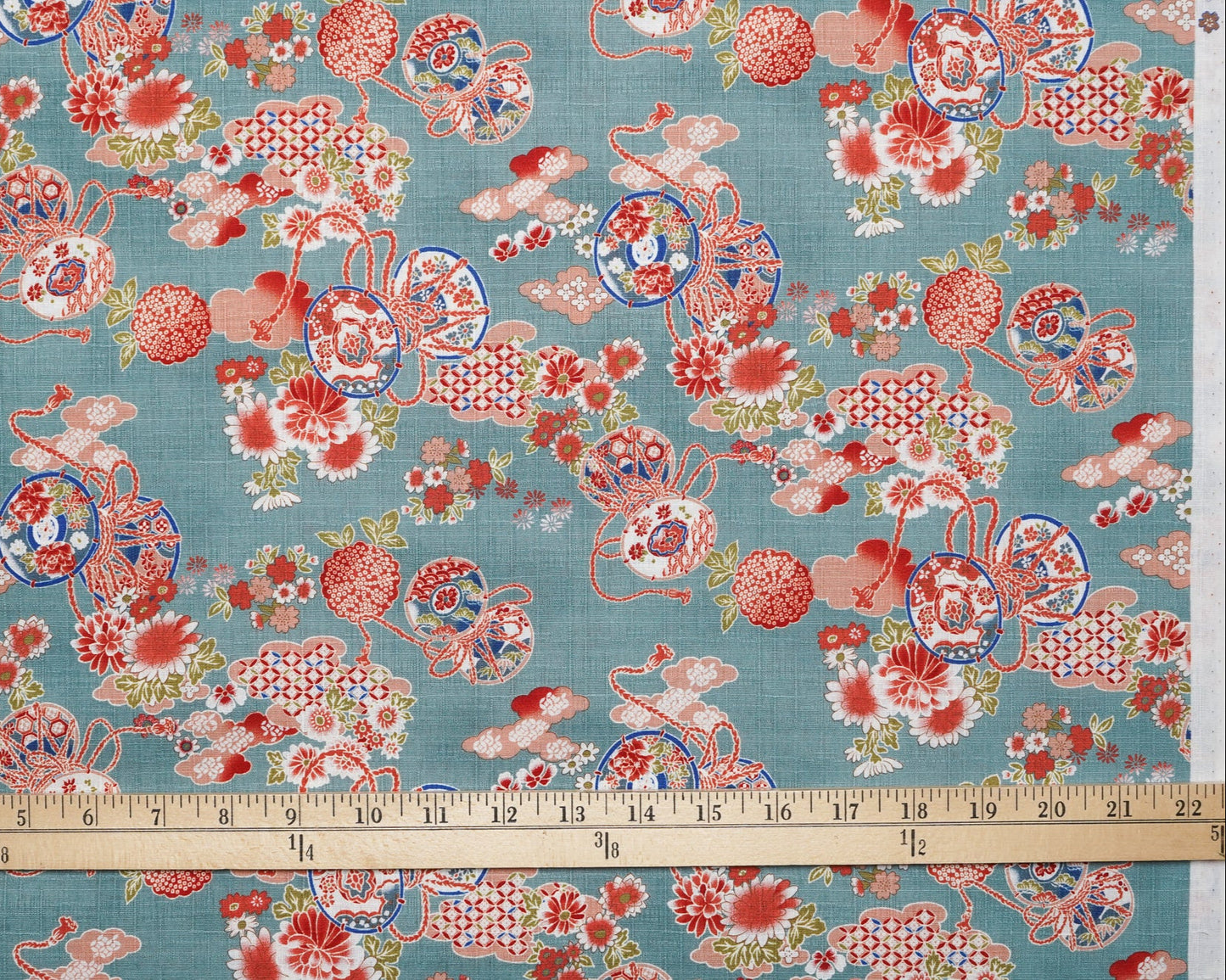 Taiko Drum Flowers on Blue - Dobby Fabric - Hishiei