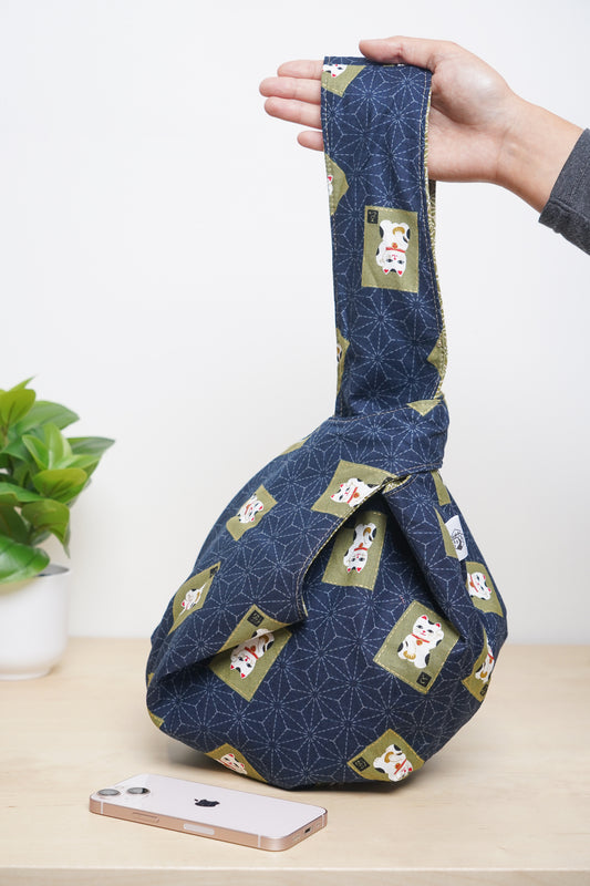 Japanese Knot Bag - Maneki Neko (Navy/Olive)