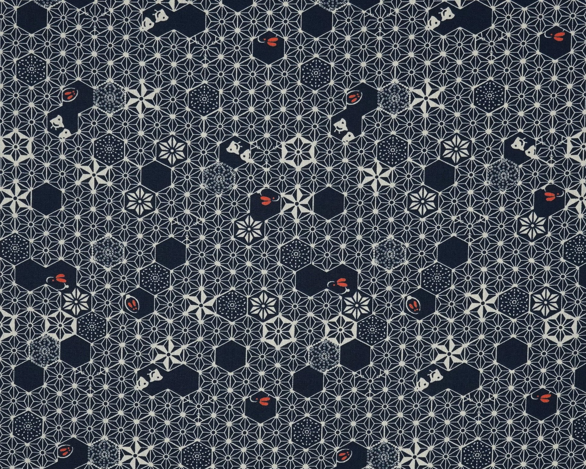 Patterned fabric with geometric shapes on a blue background