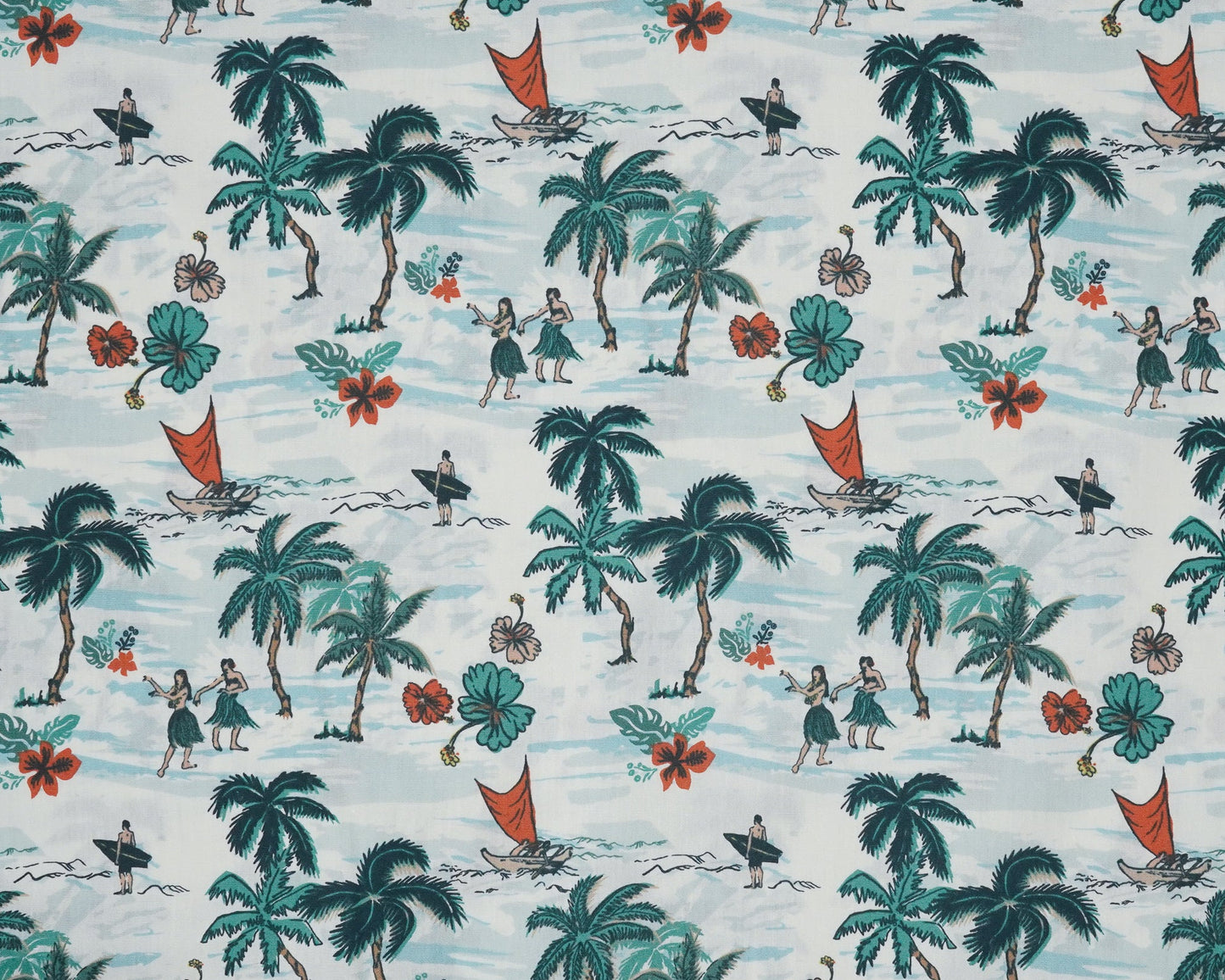 Patterned fabric with palm trees, people, and flowers on a blue background