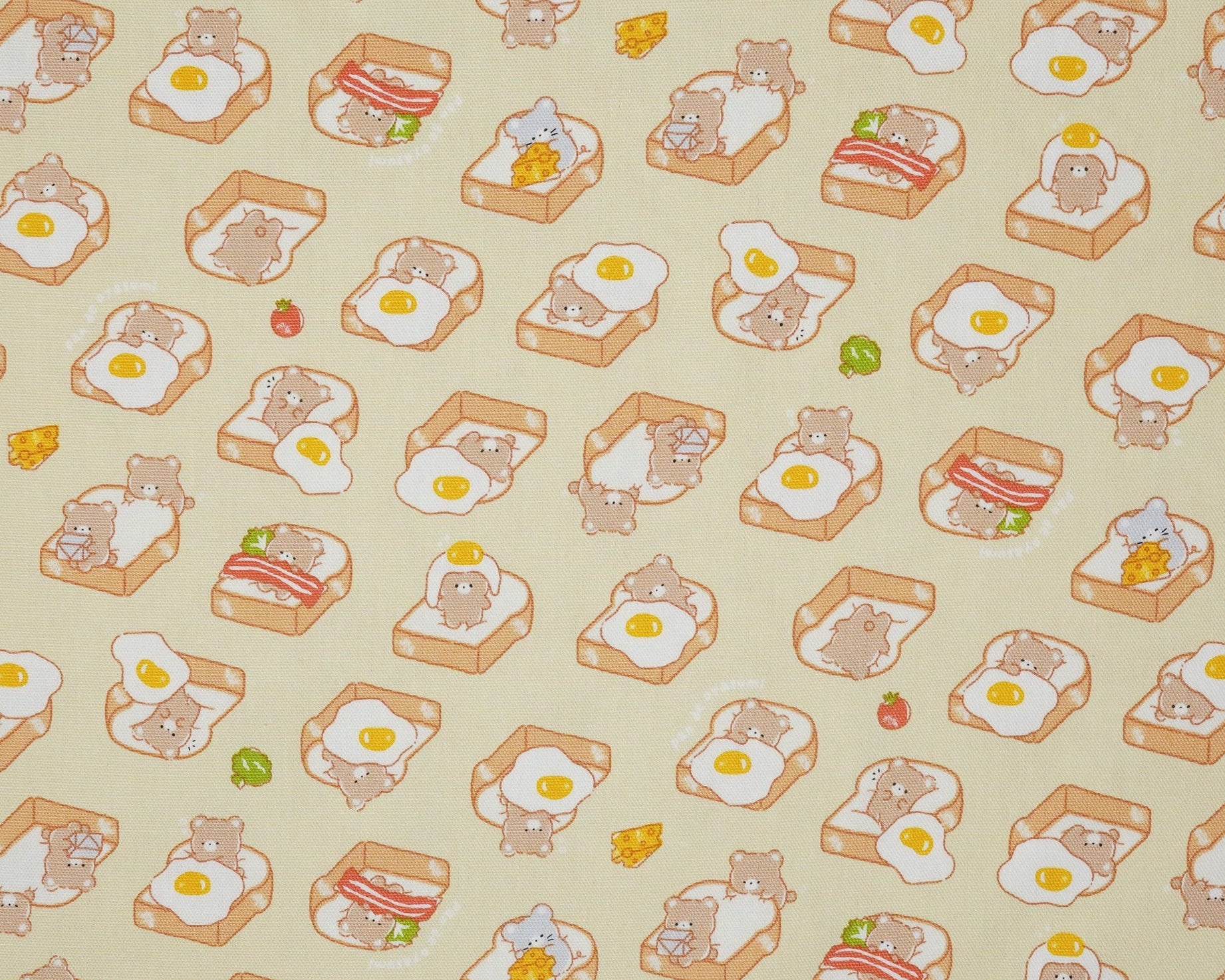 Pattern of toast, eggs, and sandwiches on a yellow background