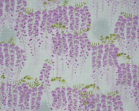 Pattern of purple wisteria flowers on a light blue background