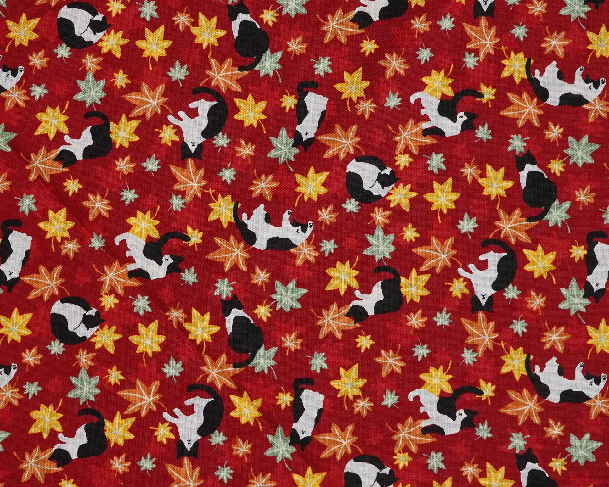 Pattern of small black and white cats on a red background with colorful leaves.