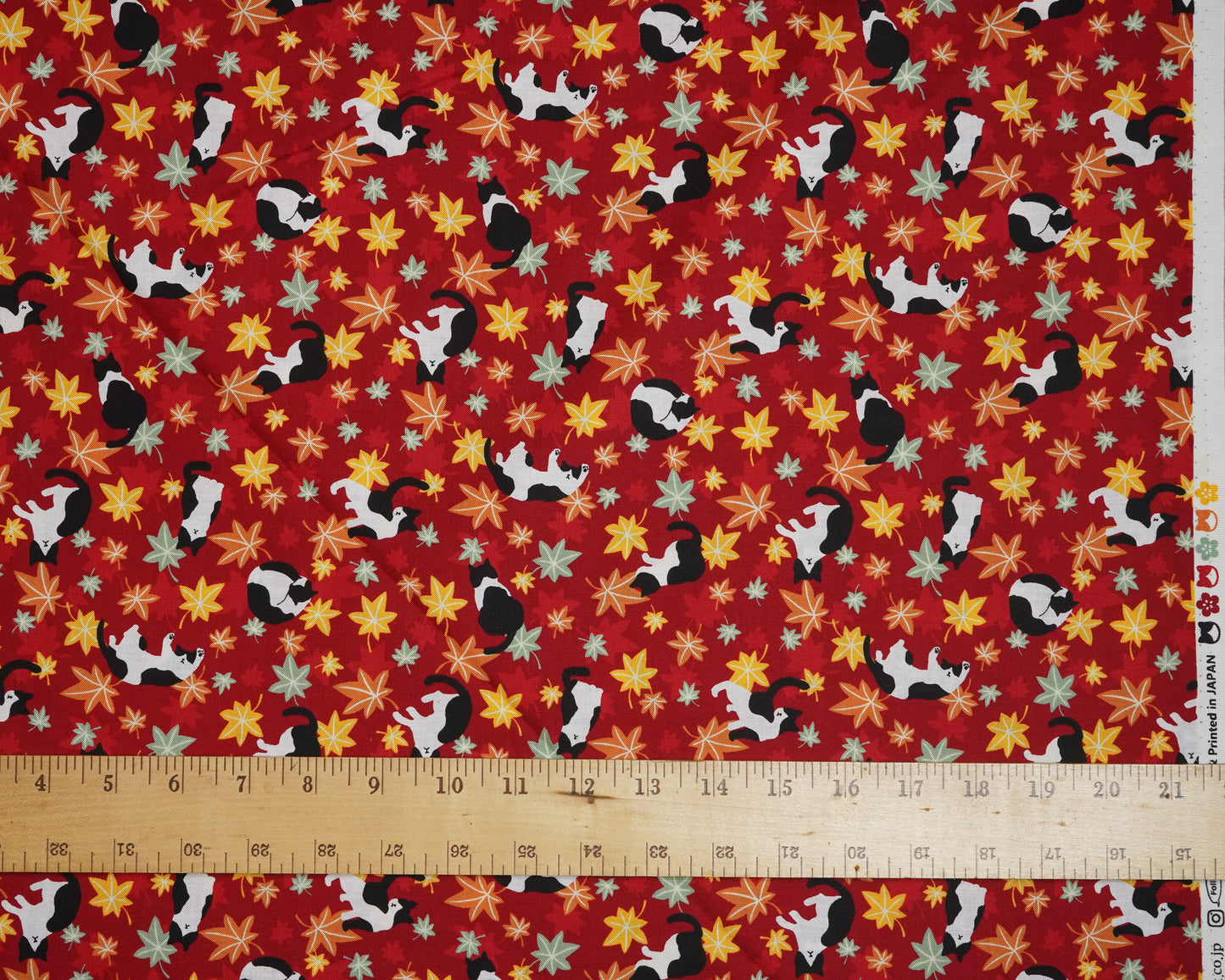 Cats and Maple Leaves on Red - Cotton Fabric - Cosmo