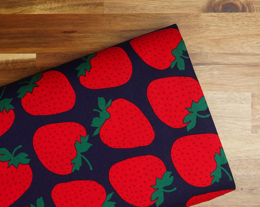 Large Strawberries on Navy cotton oxford, folded on the bolt