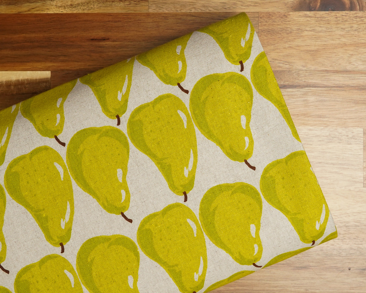 Green Pears on Natural cotton linen canvas, folded on the bolt