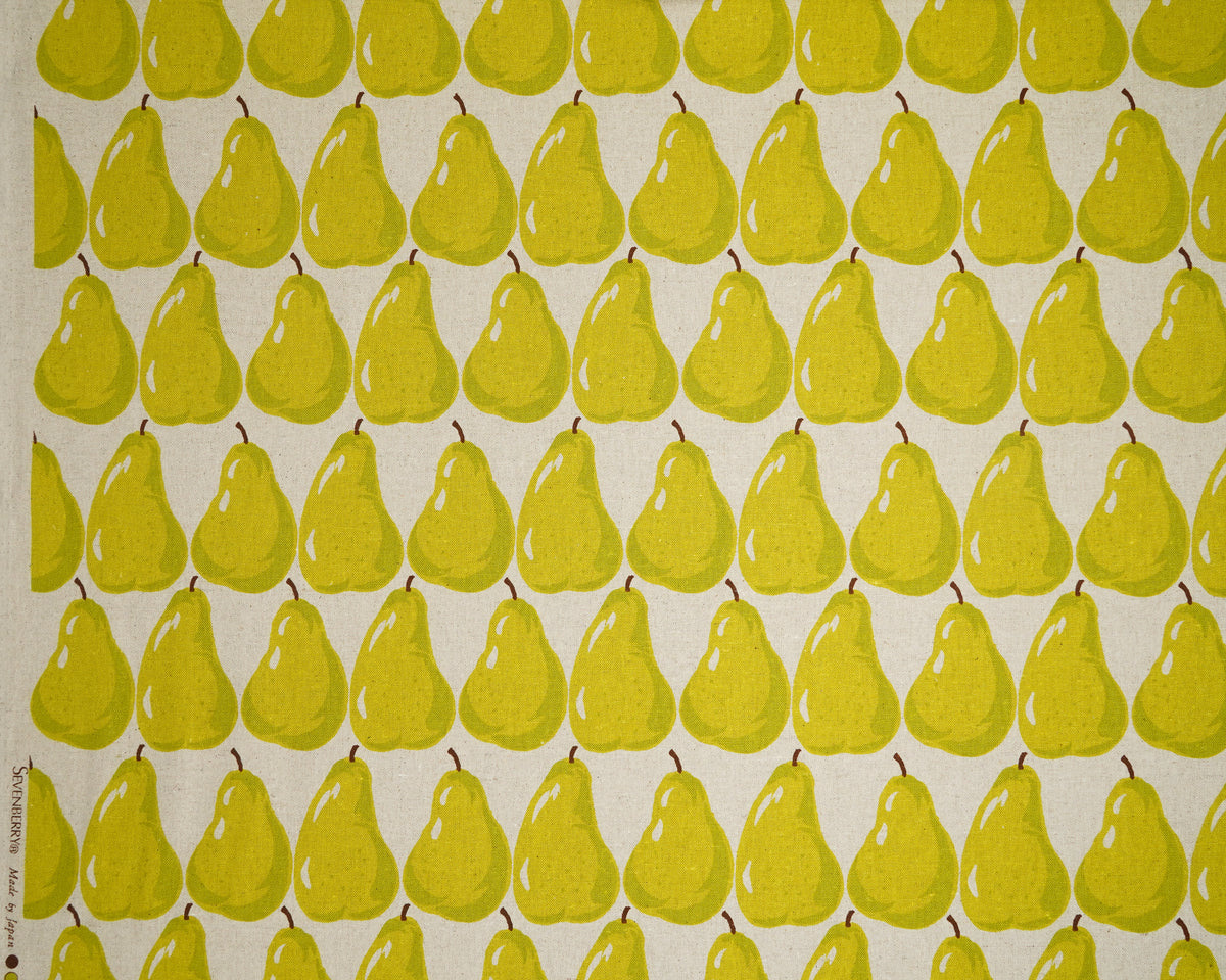 Green Pears on Natural cotton linen canvas, close-up of the print