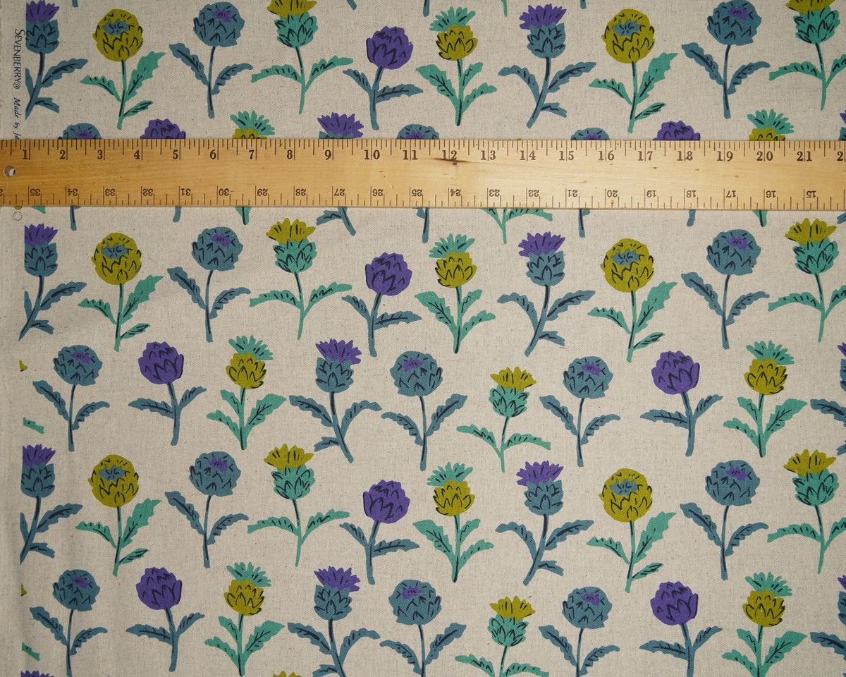 Artichoke Flowers on Natural cotton linen canvas, laid flat with a ruler for scale