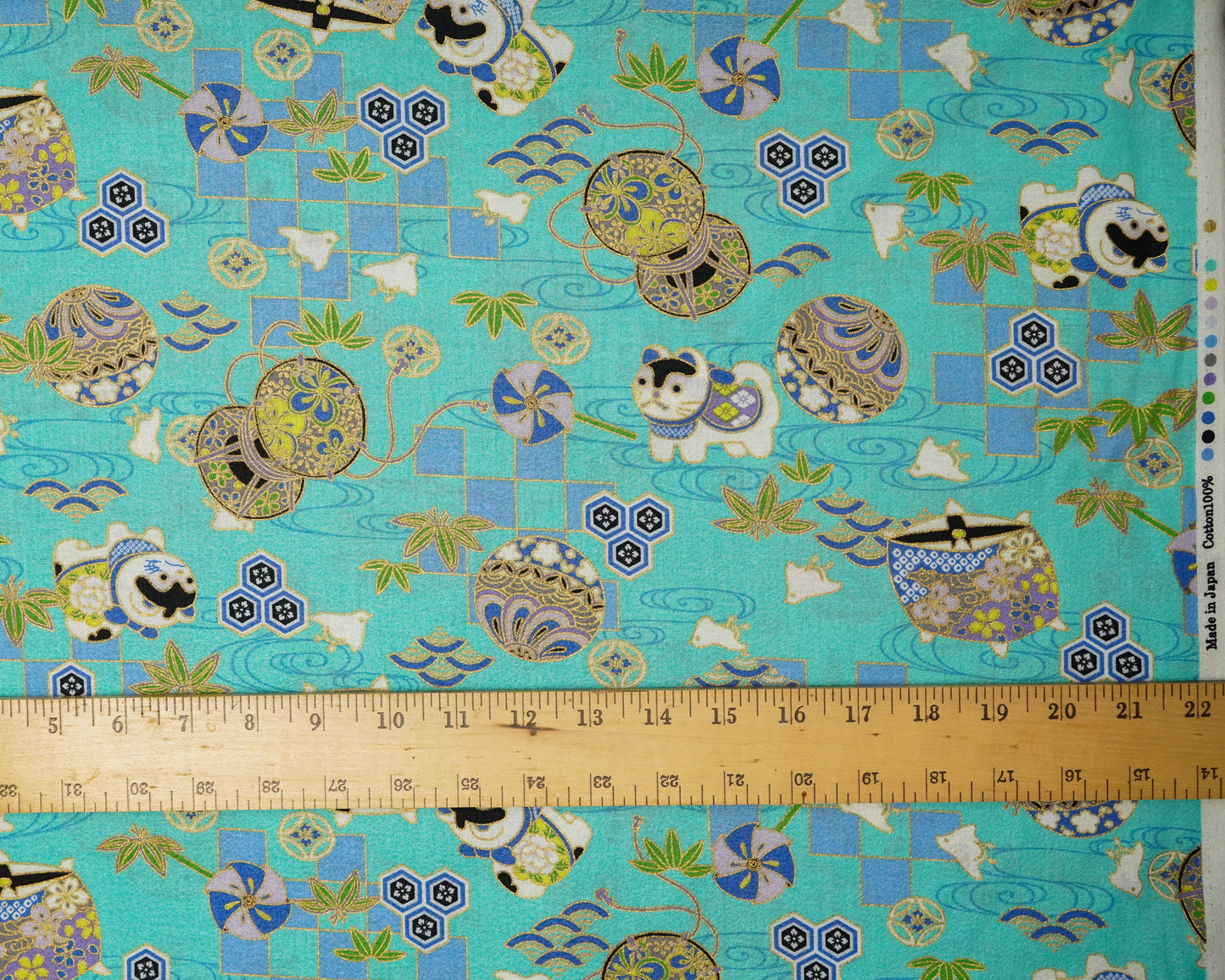 Inu Hariko and Temari Print on Teal - Cotton Crepe Fabric - Naka