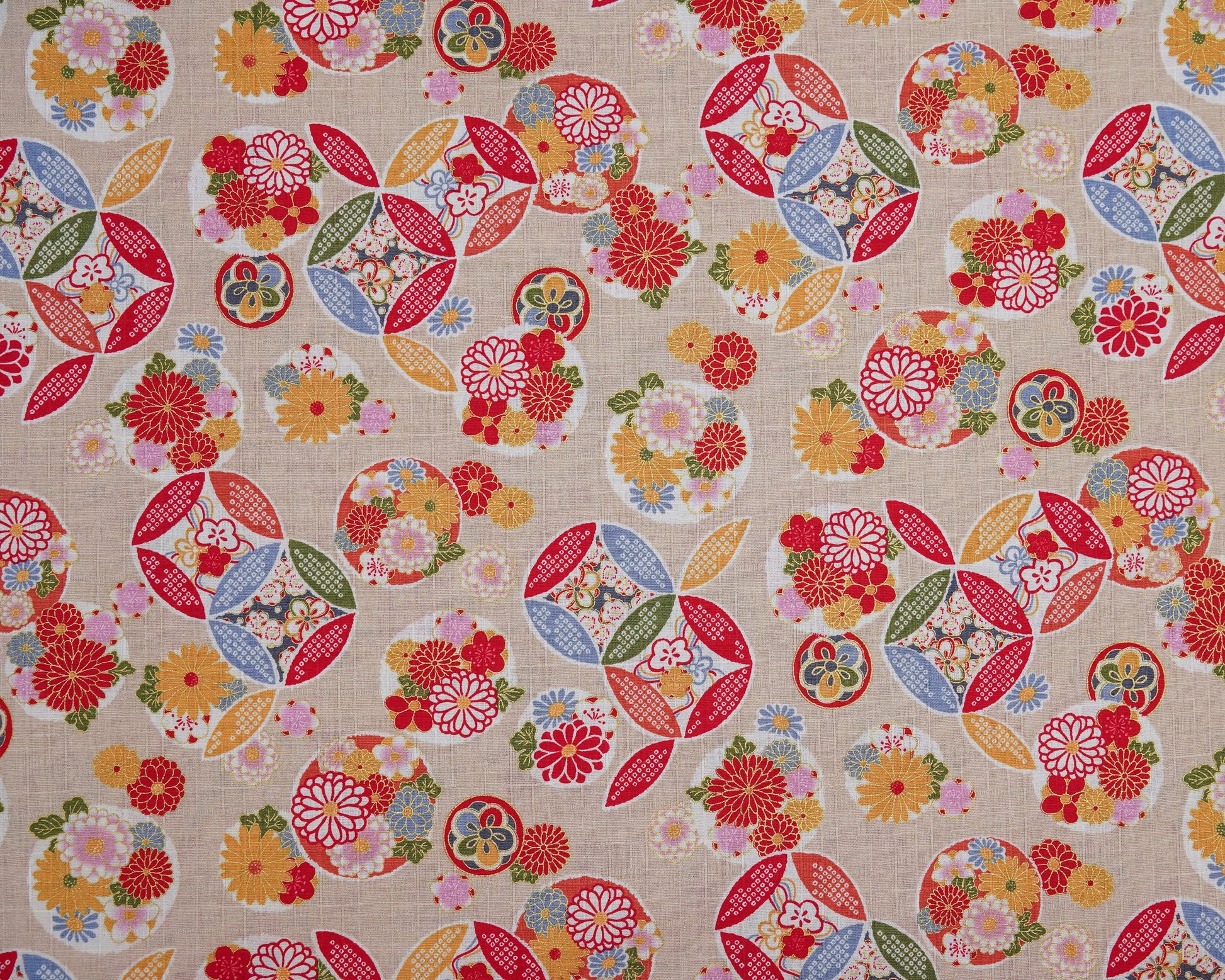 Colorful floral pattern on beige fabric