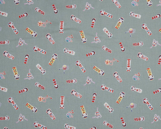Kokeshi Doll Scatter on Sage Green - Cotton Fabric - Cosmo