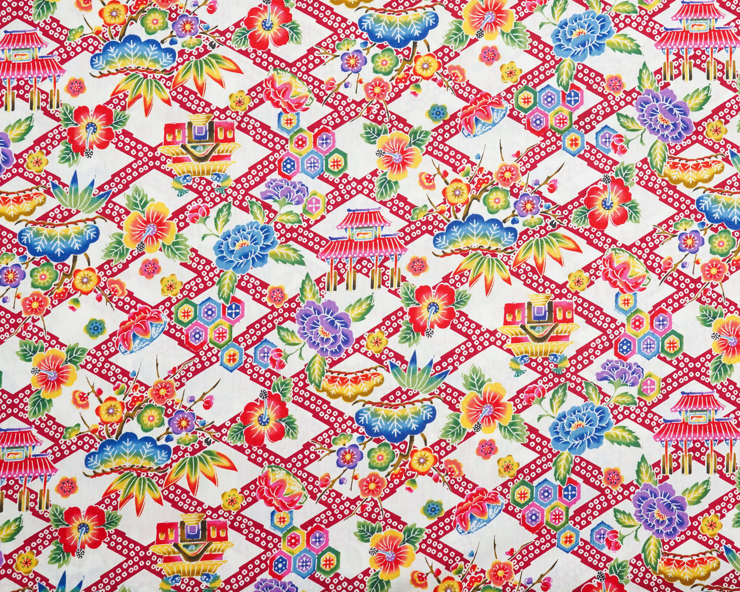 Colorful fabric pattern with floral and architectural elements on a white background