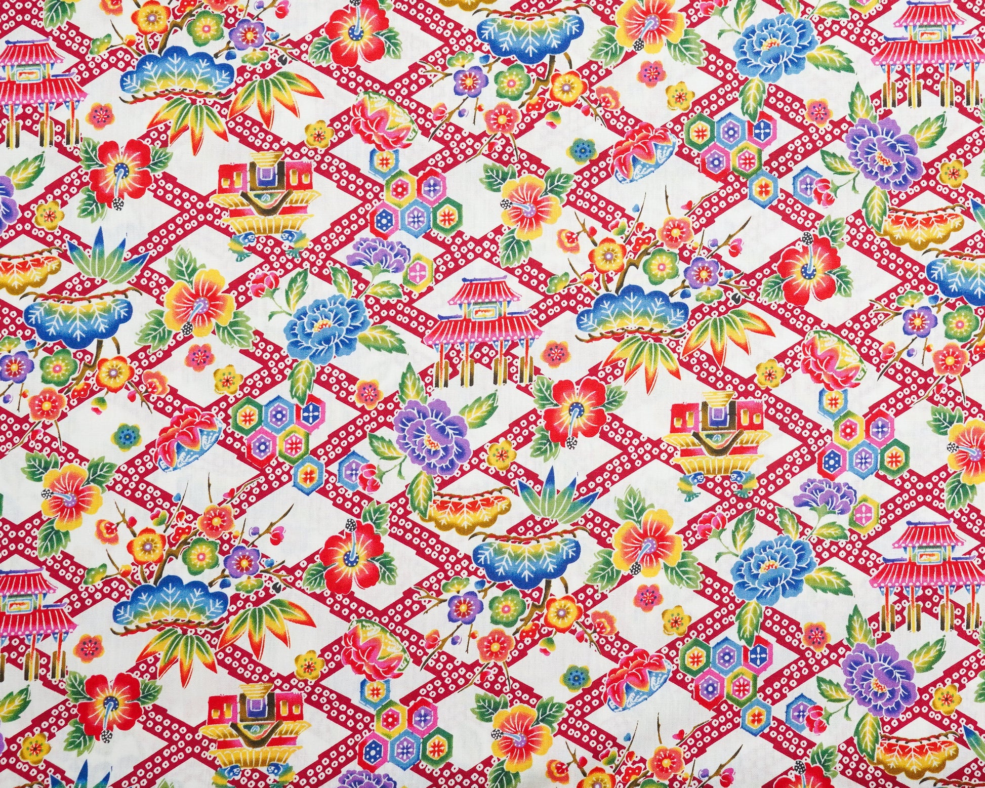 Colorful fabric pattern with floral and architectural elements on a white background