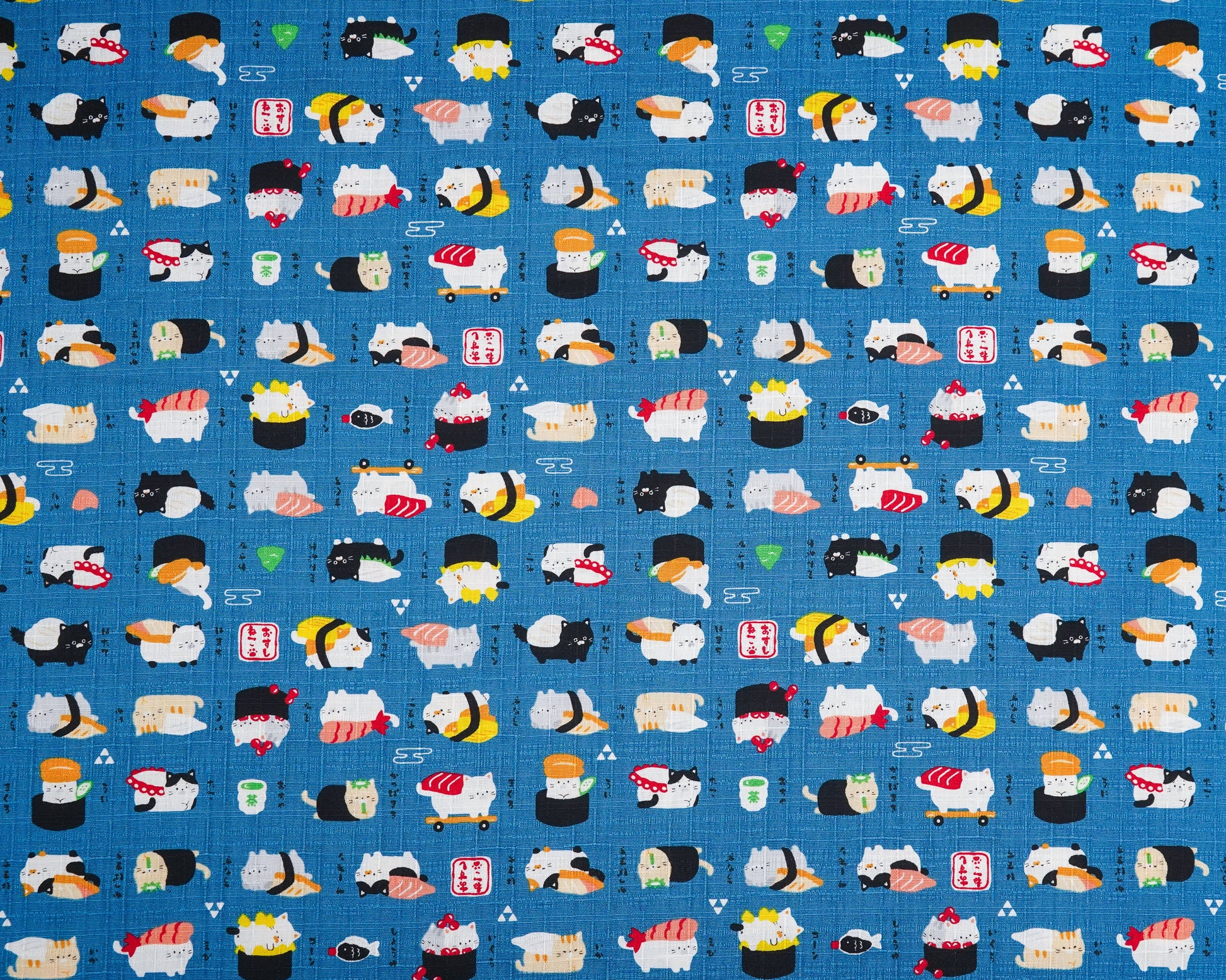 Pattern of cartoon sushi characters on a blue background