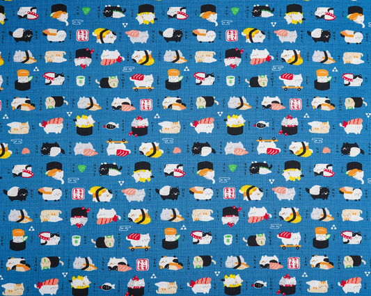 Pattern of cartoon sushi characters on a blue background
