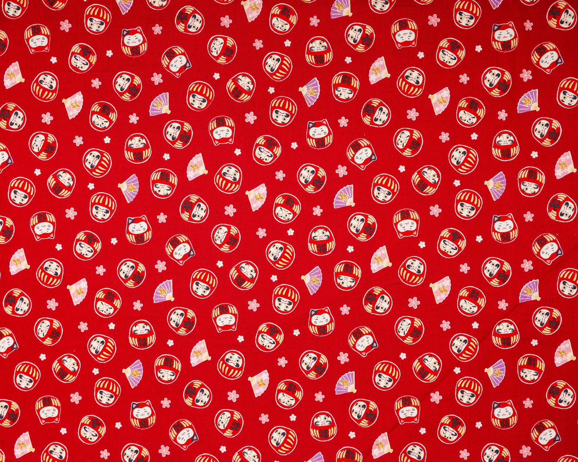 Pattern of cartoon characters in red hats on a red background