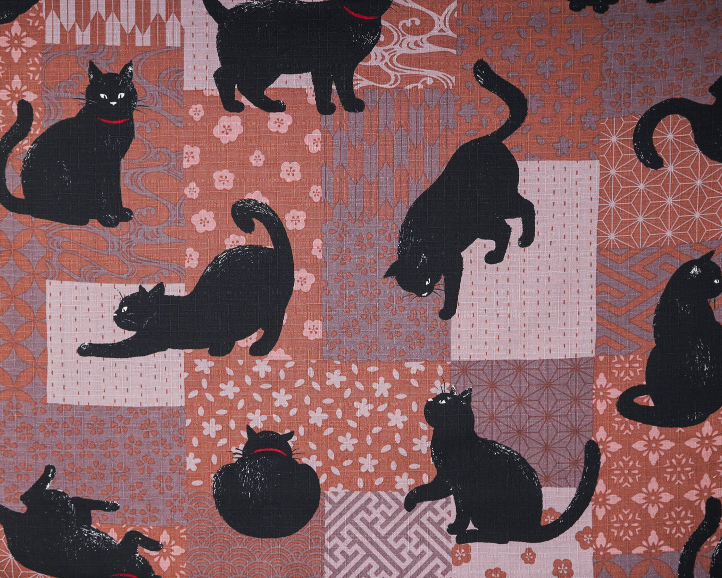 Large Black Cats on Purple Patchwork Background - Cotton Dobby Fabric - Cosmo