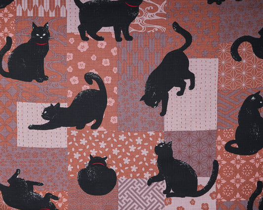 Large Black Cats on Purple Patchwork Background - Cotton Dobby Fabric - Cosmo
