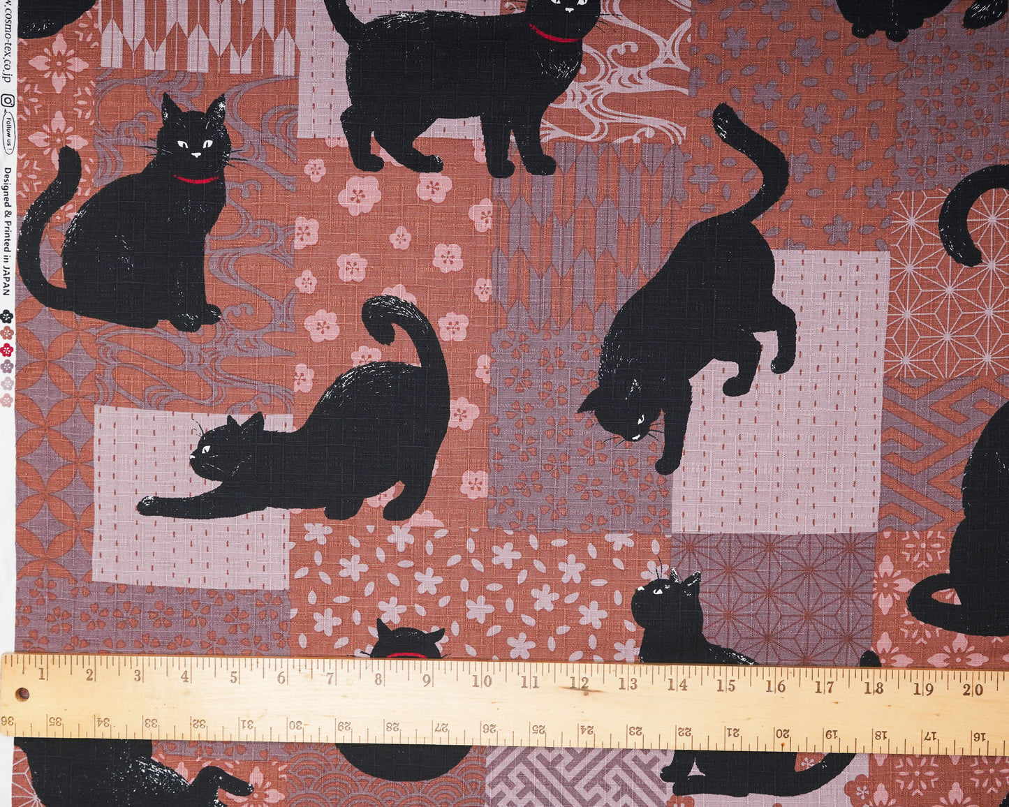 Large Black Cats on Purple Patchwork Background - Cotton Dobby Fabric - Cosmo