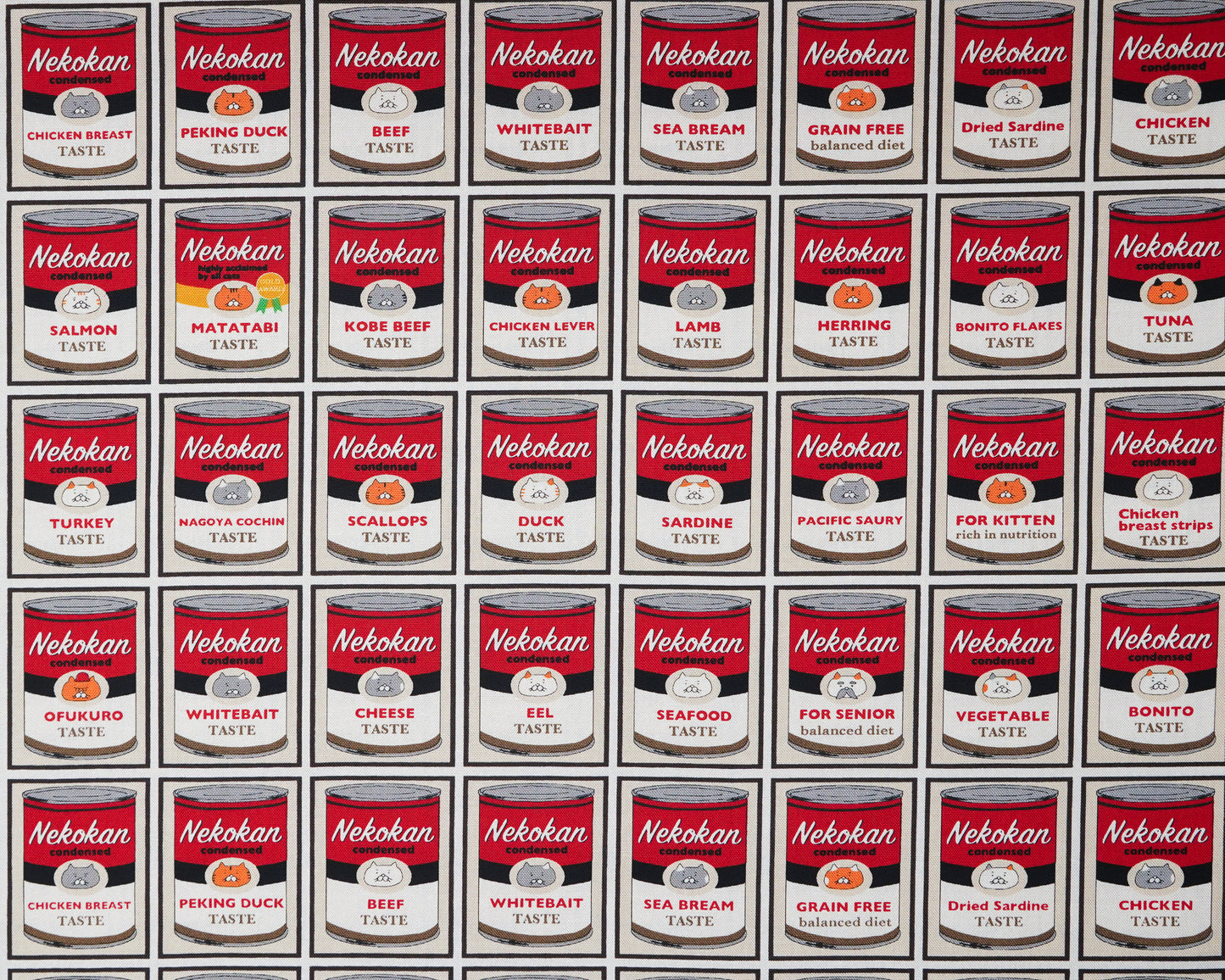 Grid of Nekokan pet food cans with various flavors.