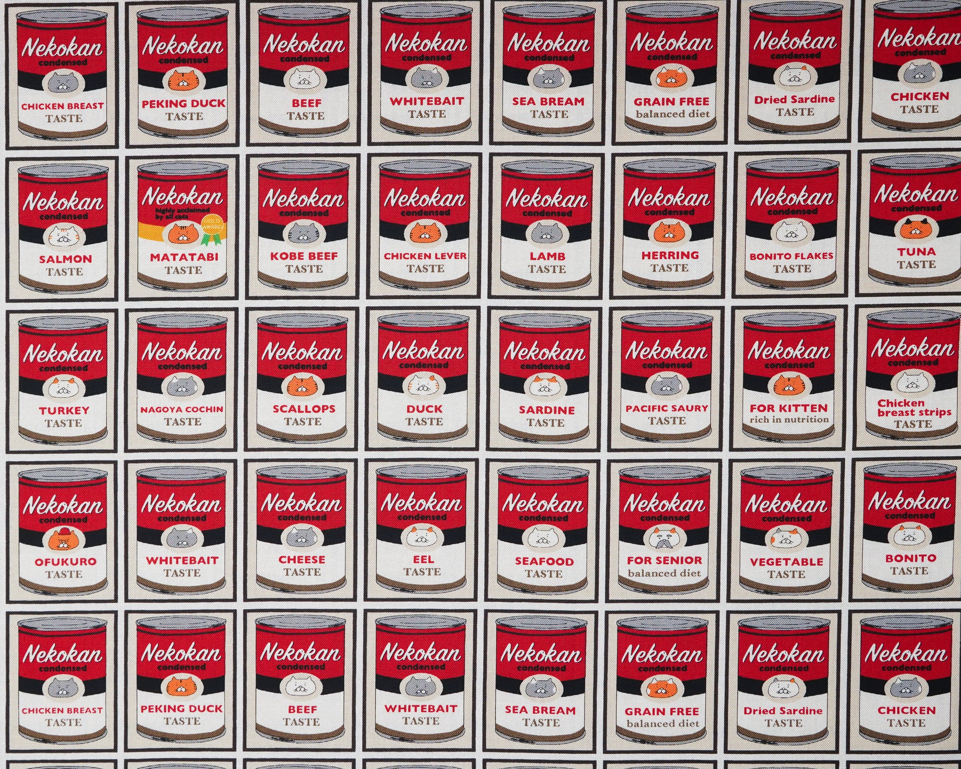 Grid of Nekokan pet food cans with various flavors.