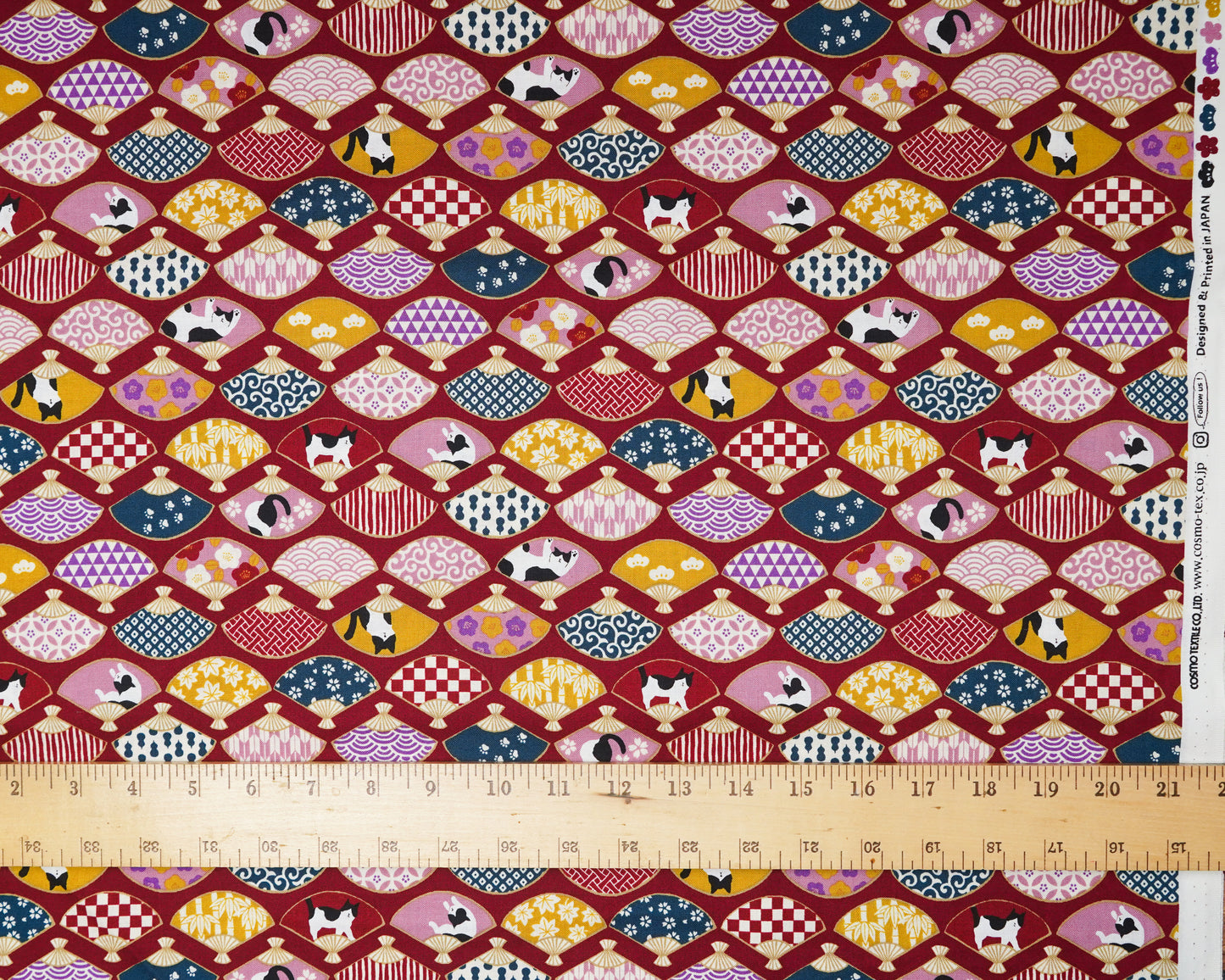 Fans and Cats on Burgandy - Cotton Fabric - Cosmo