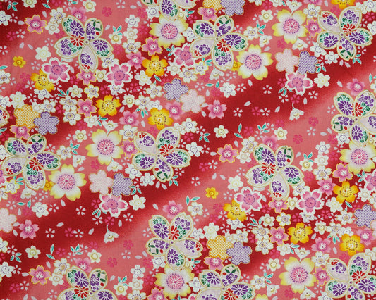 Sakura Kimono Print on Red and Pink - Cotton Fabric - Asano