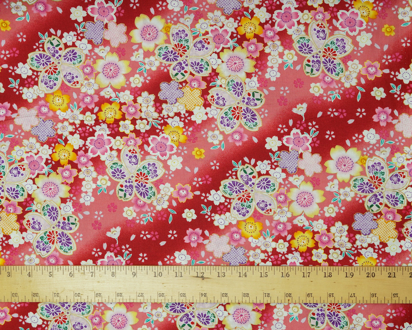 Sakura Kimono Print on Red and Pink - Cotton Fabric - Asano