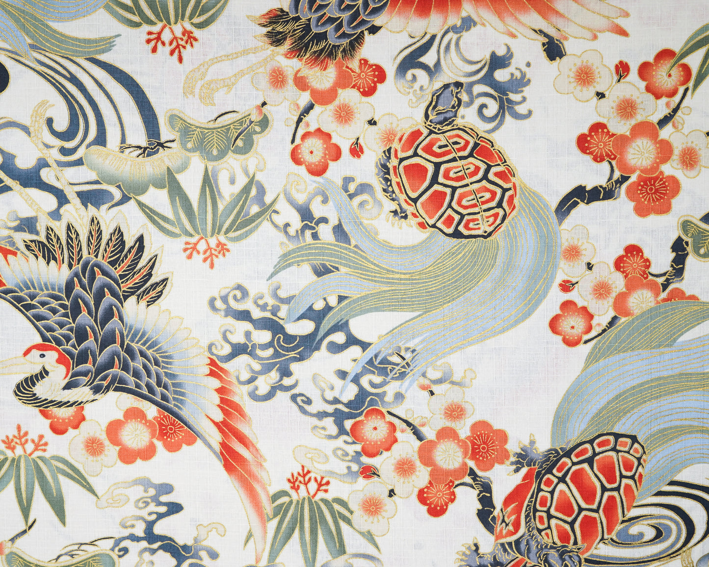 Crane and Turtles Large Print on Cream - Cotton Dobby Fabric - Hokkoh