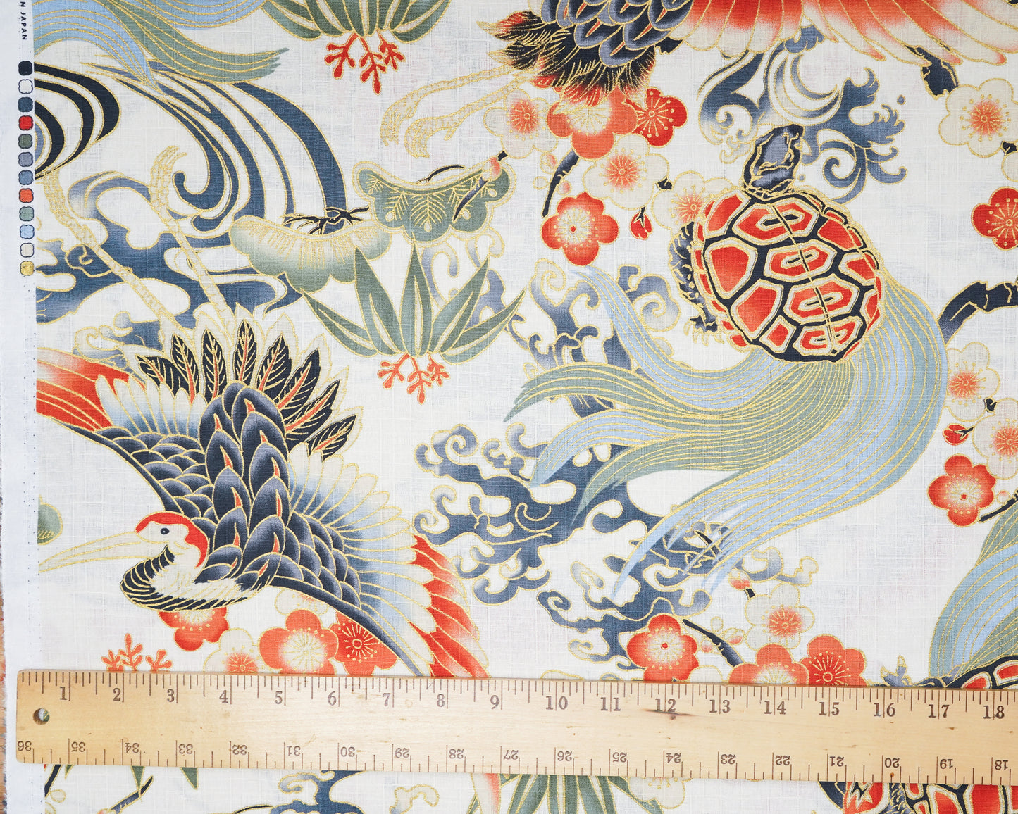 Crane and Turtles Large Print on Cream - Cotton Dobby Fabric - Hokkoh