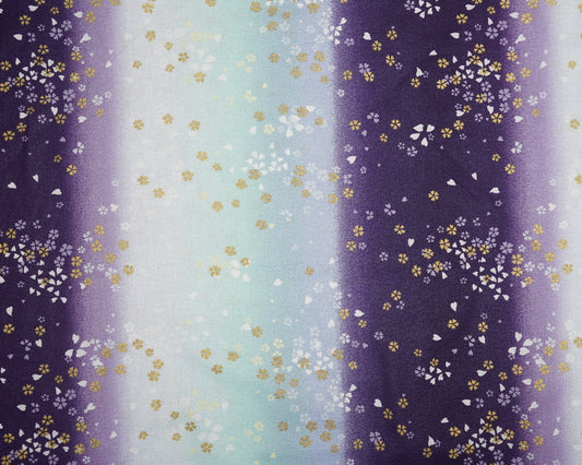 Gradient fabric pattern with floral design transitioning from purple to blue.