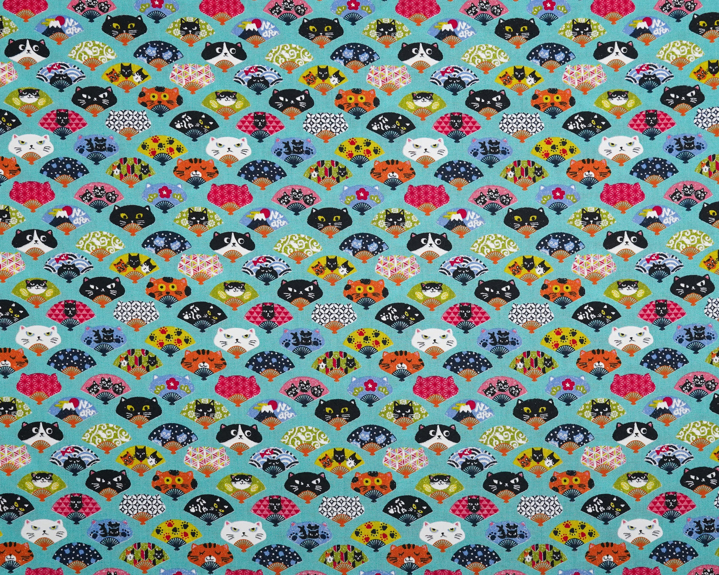 Fans with Cats on Teal - Cotton Fabric - CoCo