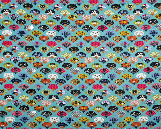 Fans with Cats on Teal - Cotton Fabric - CoCo