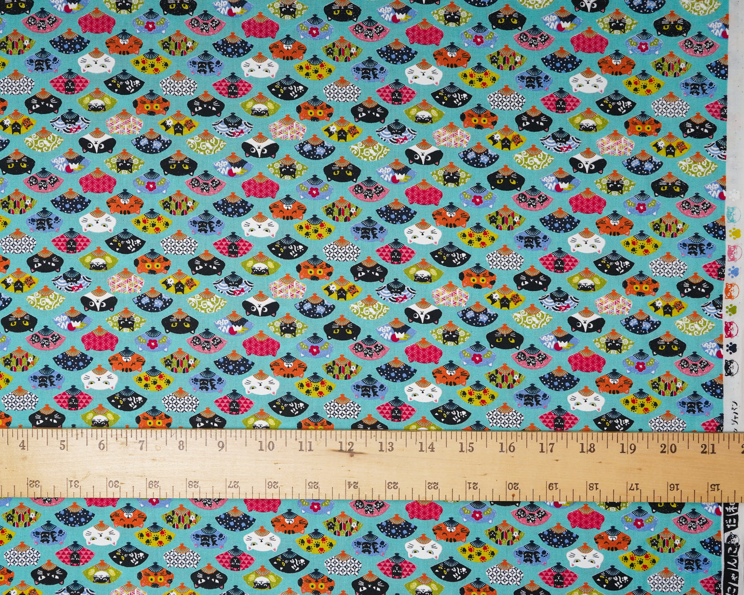 Fans with Cats on Teal - Cotton Fabric - CoCo