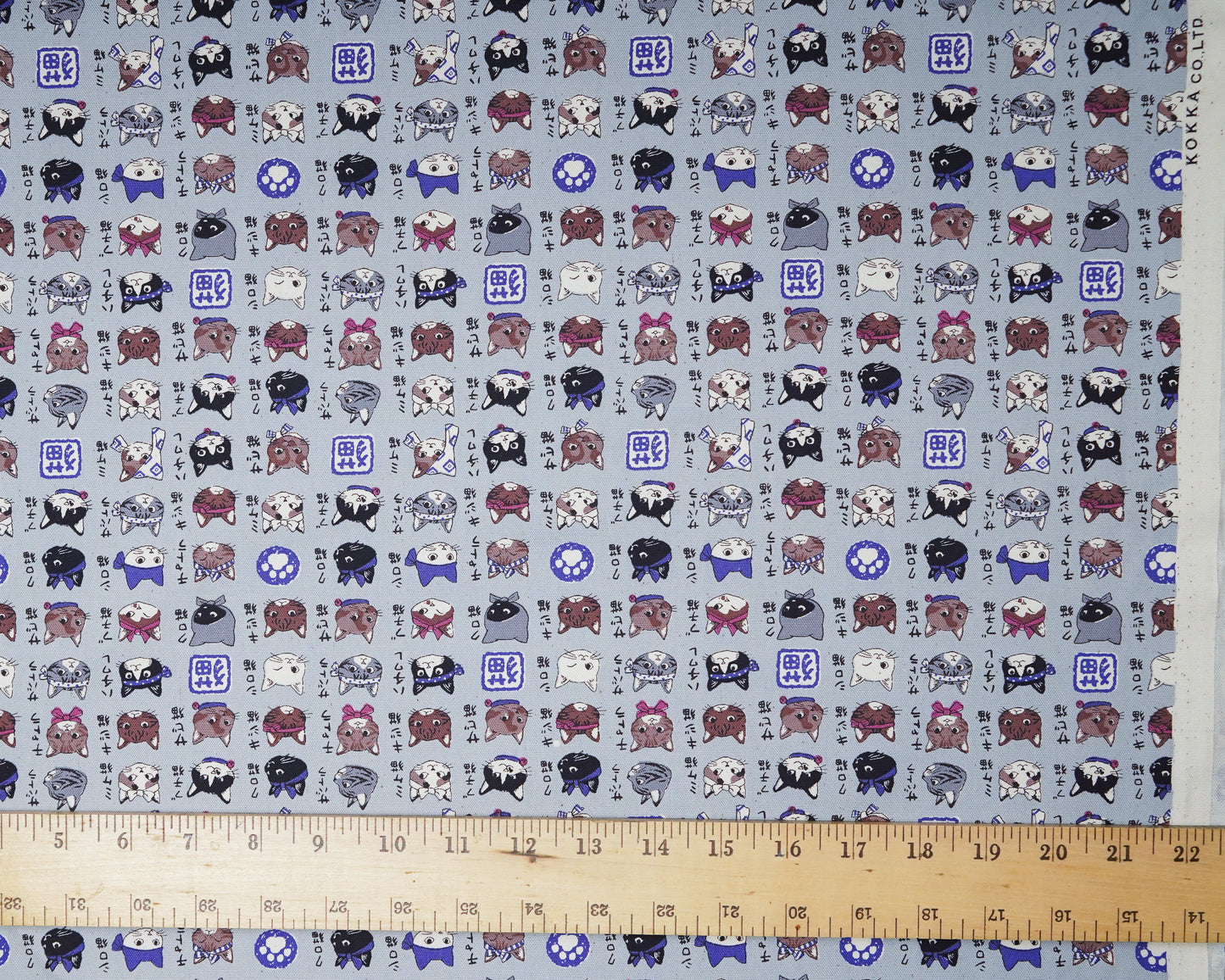 Bandana Cats and Kanji on Gray - Oxford Fabric - Kokka
