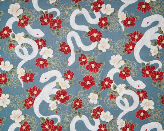 Pattern of white snakes and red flowers on a blue background