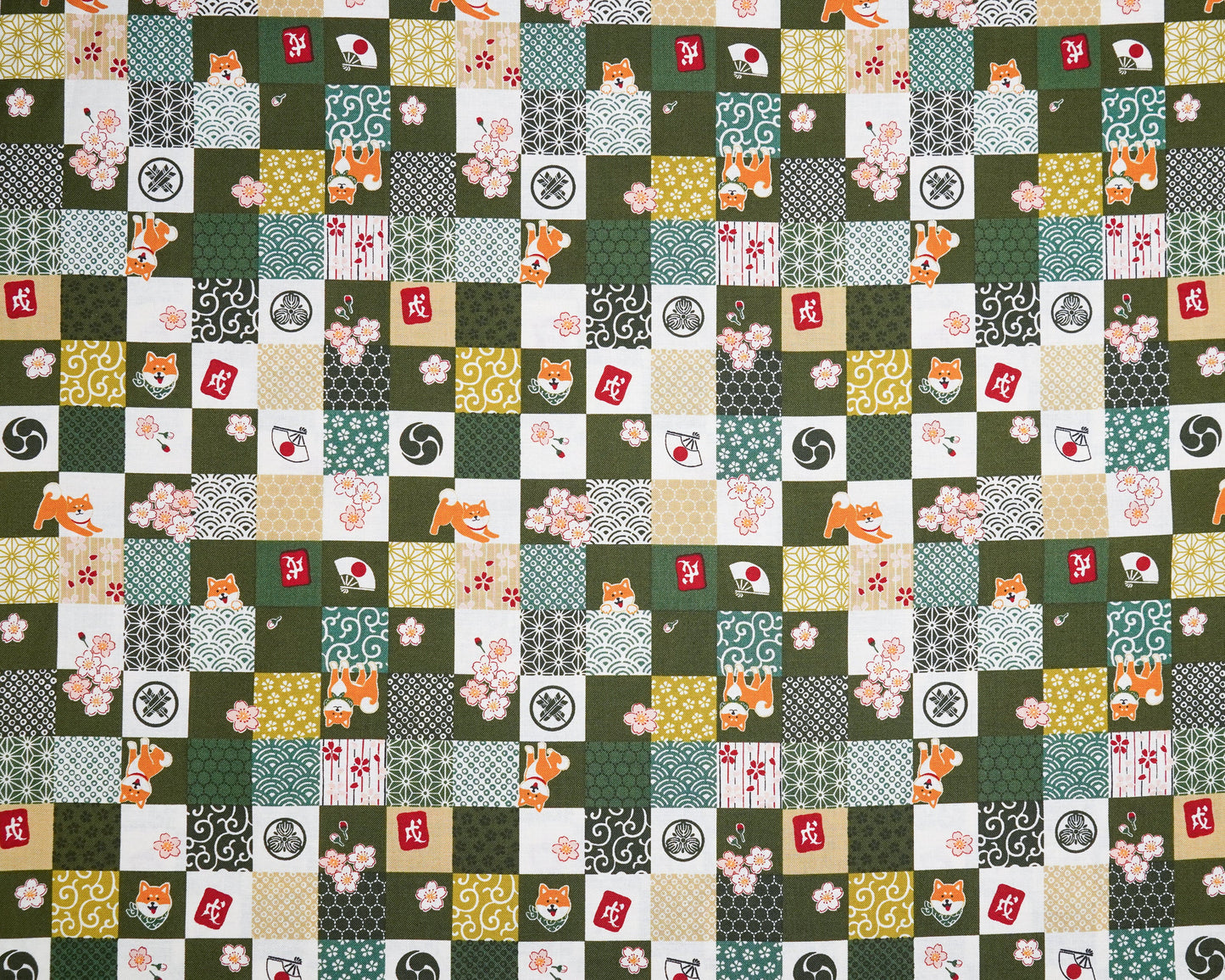 Shiba Checkerboard in Green - Cotton Fabric - Cosmo
