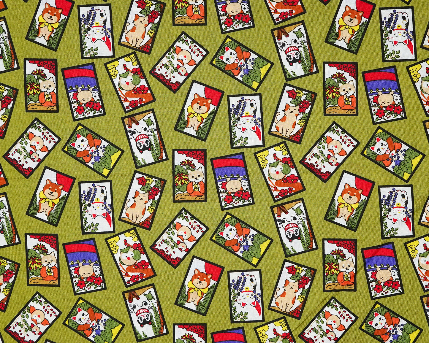 Kawaii Animals Hanafuda on Olive - Cotton Fabric - Asano