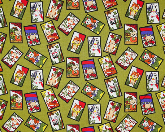Kawaii Animals Hanafuda on Olive - Cotton Fabric - Asano