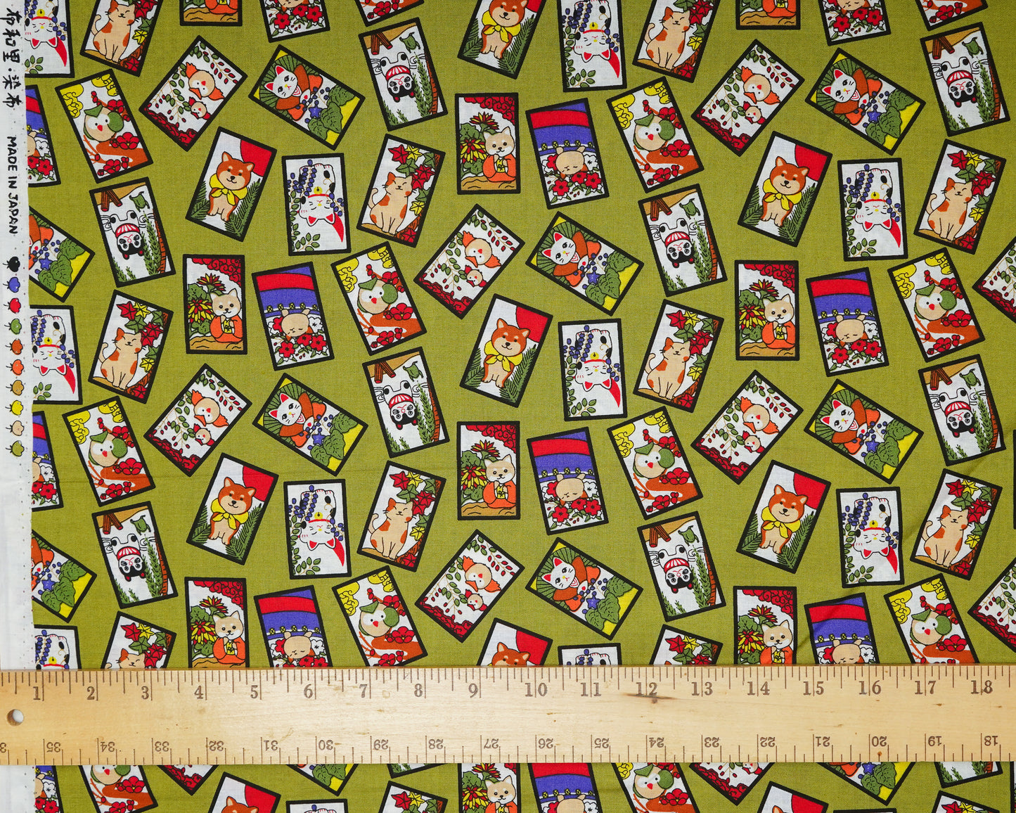 Kawaii Animals Hanafuda on Olive - Cotton Fabric - Asano